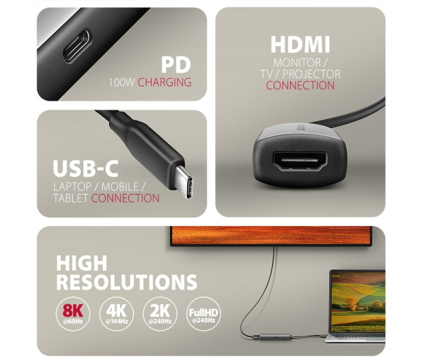 Axagon RVC-HI8KPD USB-C - HDMI 2.1 adapter, 8K/60Hz, PD 100W - 1485472 - zdjęcie 3